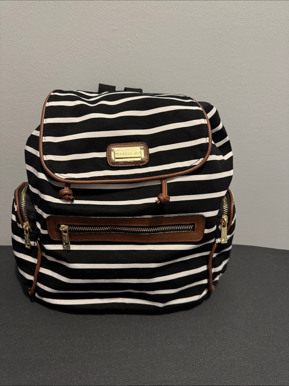 Madden Girl Black and White Striped Backpack with Brown Trim
